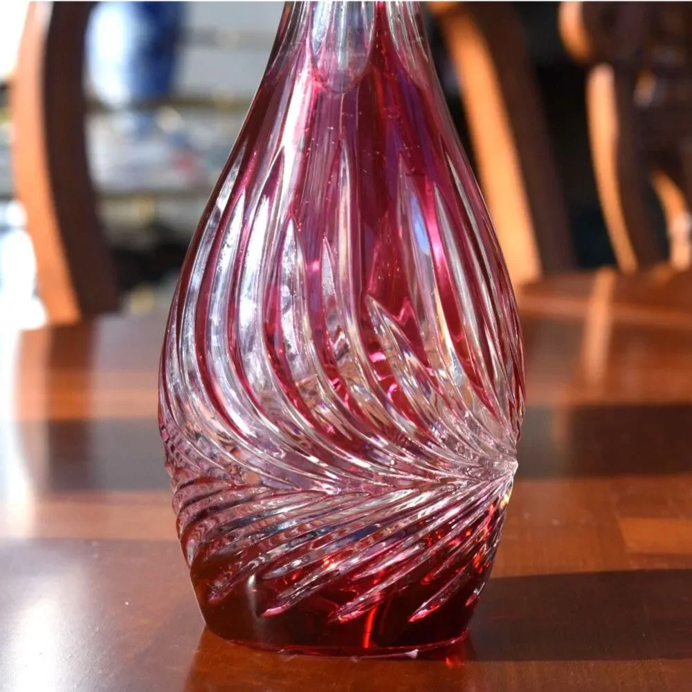Vintage Lausitzer German Burgundy Cranberry Crystal Decanter with Topper